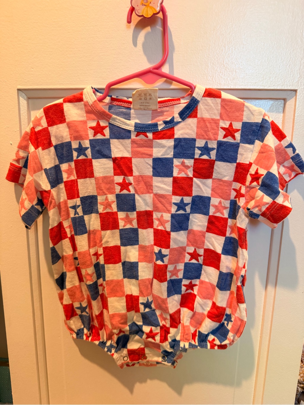 Toddler Short Sleeve Star-Check Tee Romper In Red, White & Blue